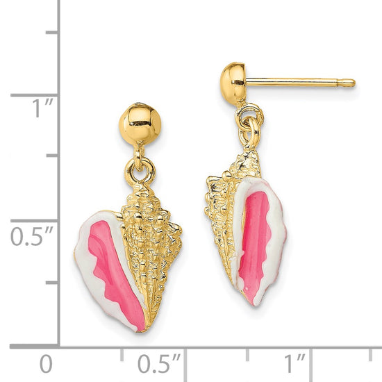 14K White and Pink Enamel Conch Shell Dangle Earrings