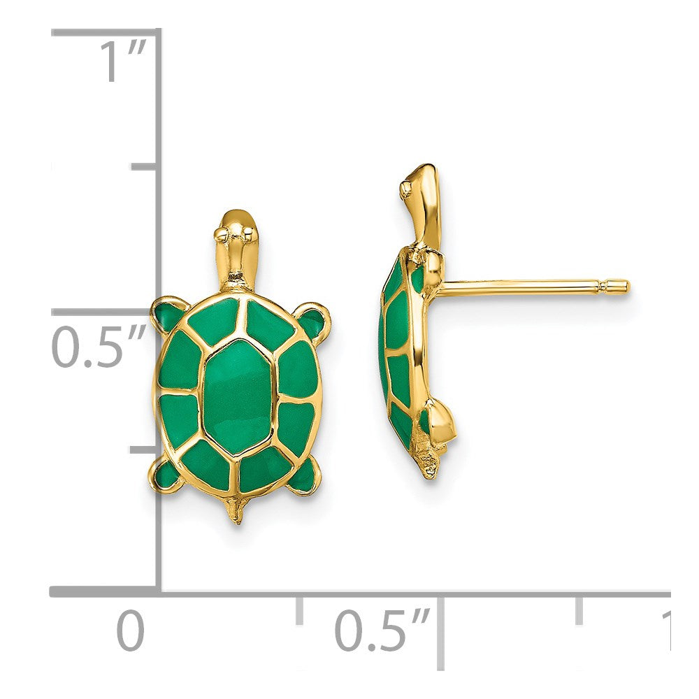 14K Land Turtle with Green Enamel Post Earrings