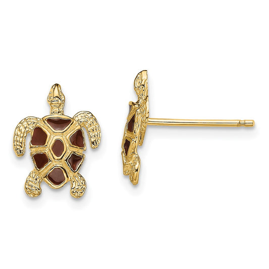 14K with Brown Enamel Textured Sea Turtle Post Earrings