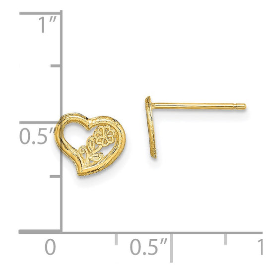14K Open Heart with Flower Post Earrings