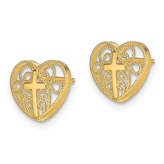 14K Cross in Center Filigree Heart Post Earrings