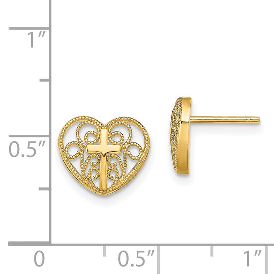 14K Cross in Center Filigree Heart Post Earrings