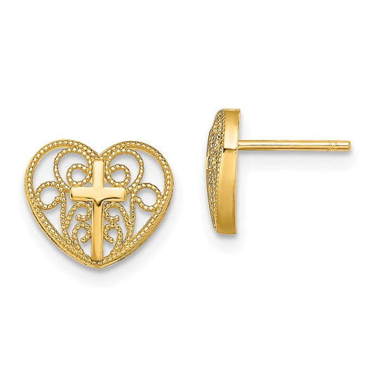14K Cross in Center Filigree Heart Post Earrings