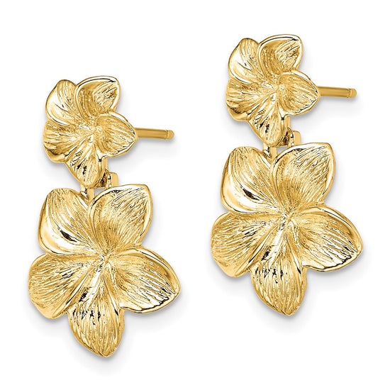 14K Textured Double Plumeria Flower Post Dangle Earrings
