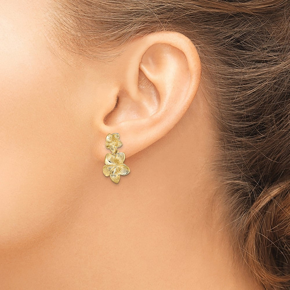 14K Textured Double Plumeria Flower Post Dangle Earrings