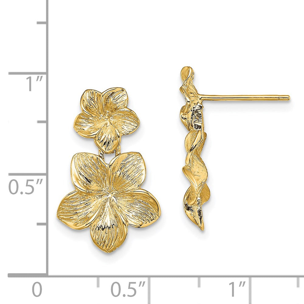 14K Textured Double Plumeria Flower Post Dangle Earrings