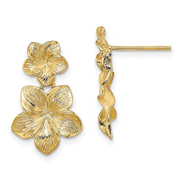 14K Textured Double Plumeria Flower Post Dangle Earrings