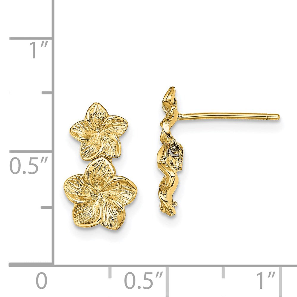 14K Textured Double Plumeria Flower Post Dangle Earrings