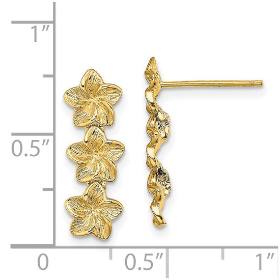 14K Triple Plumeria Flower Post Dangle Earrings