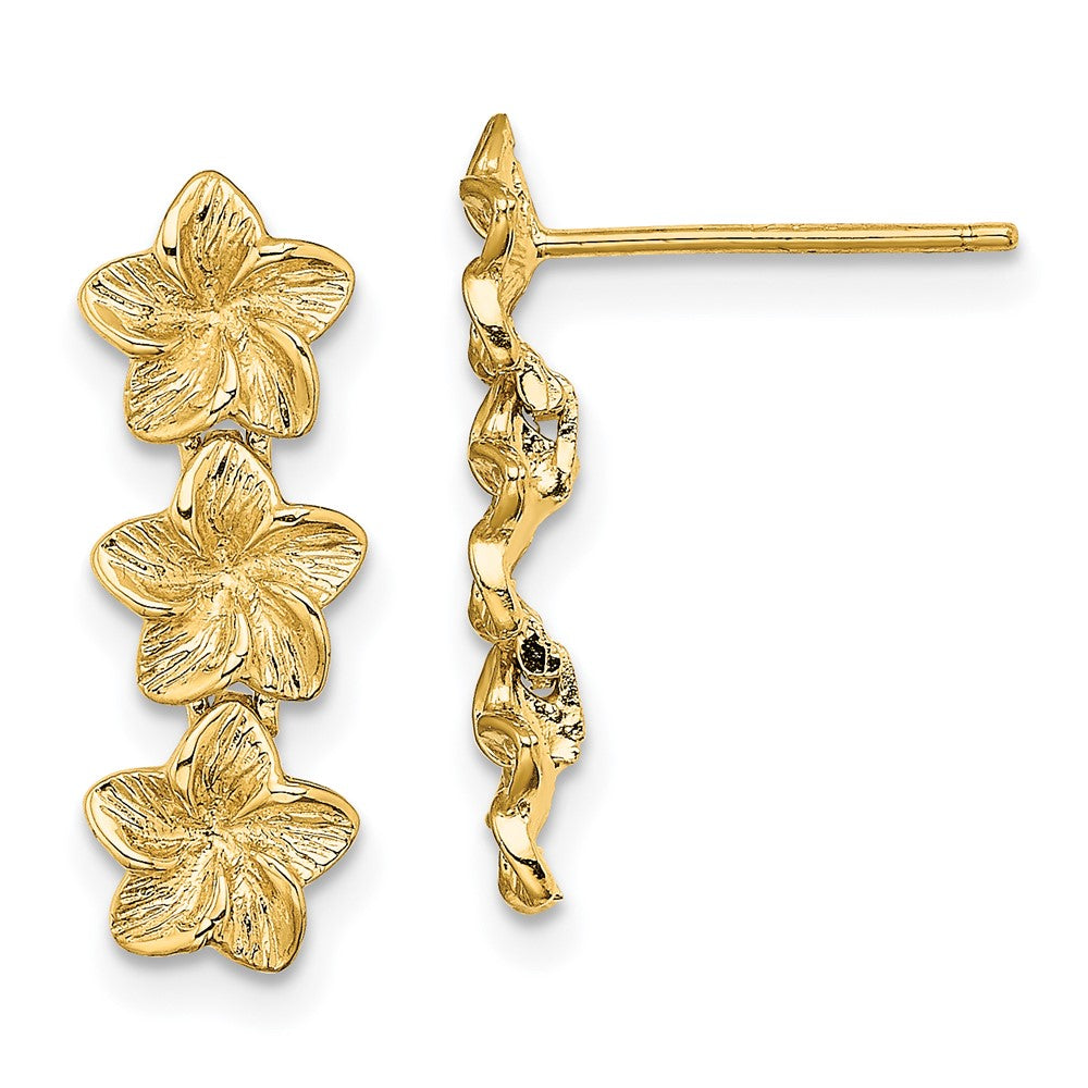 14K Triple Plumeria Flower Post Dangle Earrings