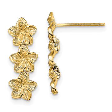 14K Triple Plumeria Flower Post Dangle Earrings