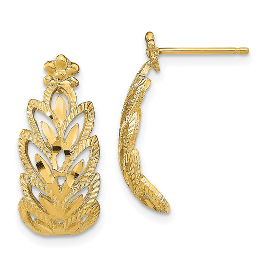14K Diamond-cut Leaf Pattern Dangle Post Earrings