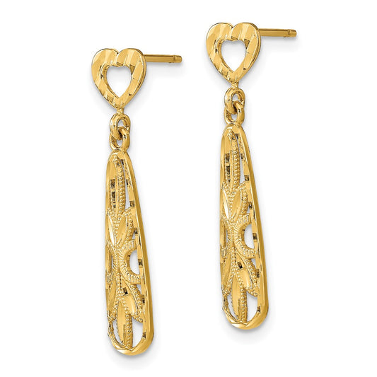14K Diamond-cut Leaves in Teardrop Dangle Heart Post Earrings