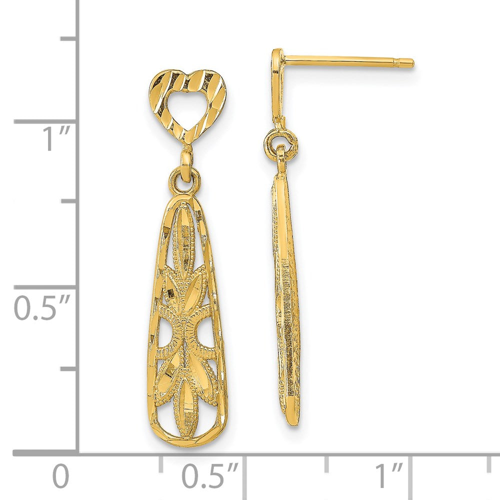 14K Diamond-cut Leaves in Teardrop Dangle Heart Post Earrings