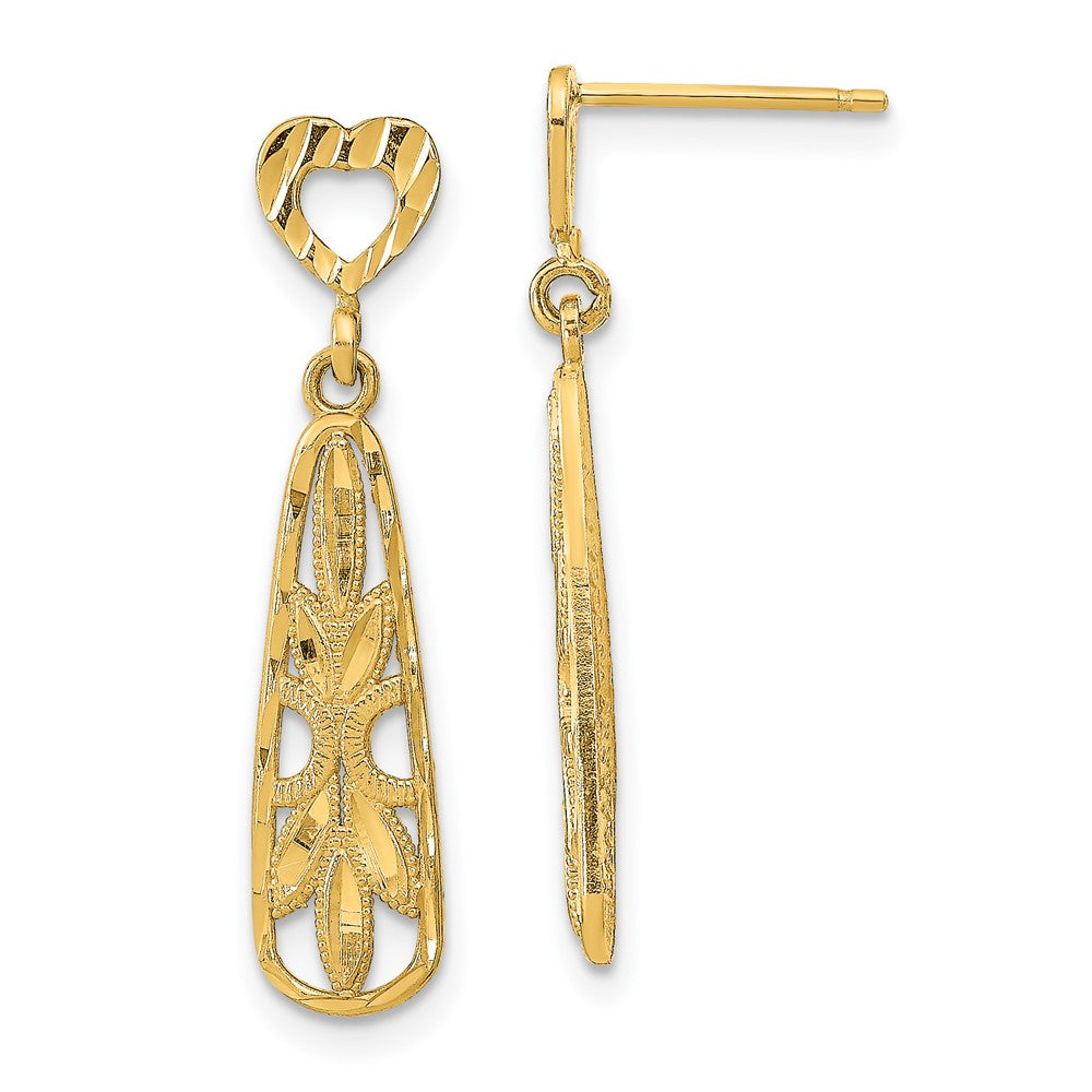 14K Diamond-cut Leaves in Teardrop Dangle Heart Post Earrings