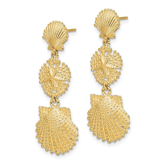 14K Scallop, Sand Dollar,,Scallop Dangle Earrings