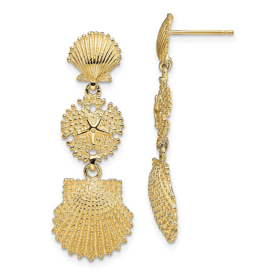14K Scallop, Sand Dollar,,Scallop Dangle Earrings