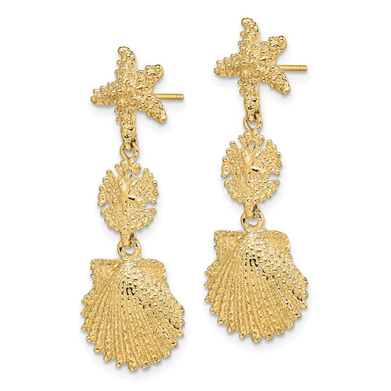 14K Starfish, Sand Dollar ,Scallop Shell Dangle Earrings
