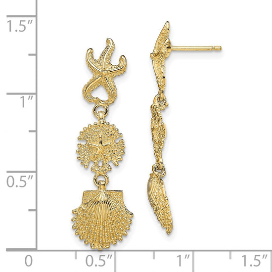 14K Starfish, Sand Dollar ,Scallop Shell Dangle Earrings