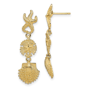 14K Starfish, Sand Dollar ,Scallop Shell Dangle Earrings