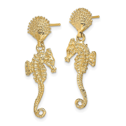 14K Shell and Seahorse Dangle Post Earrings