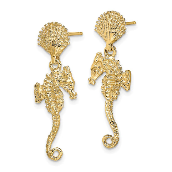 14K Shell and Seahorse Dangle Post Earrings
