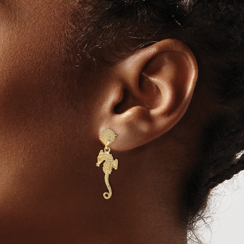 14K Shell and Seahorse Dangle Post Earrings