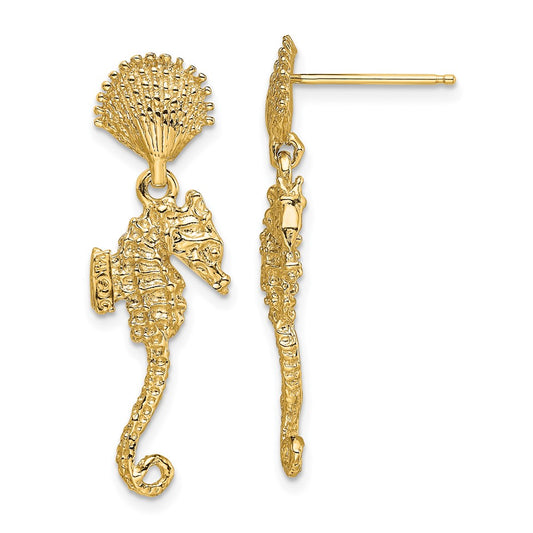 14K Shell and Seahorse Dangle Post Earrings