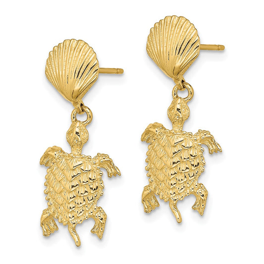 14K Shell and Sea Turtle Dangle Post Earrings