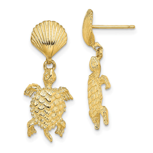 14K Shell and Sea Turtle Dangle Post Earrings