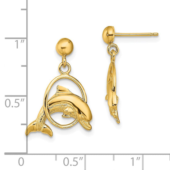 14K 2-D Polished Dolphin Jumping Through Hoop Dangle Post Earrings