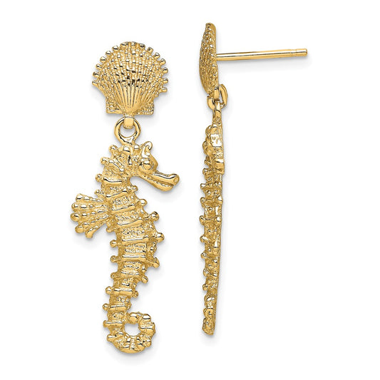 14K Seahorse Dangling From Shell Post Earrings