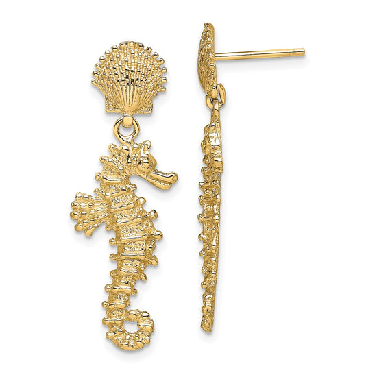 14K Seahorse Dangling From Shell Post Earrings