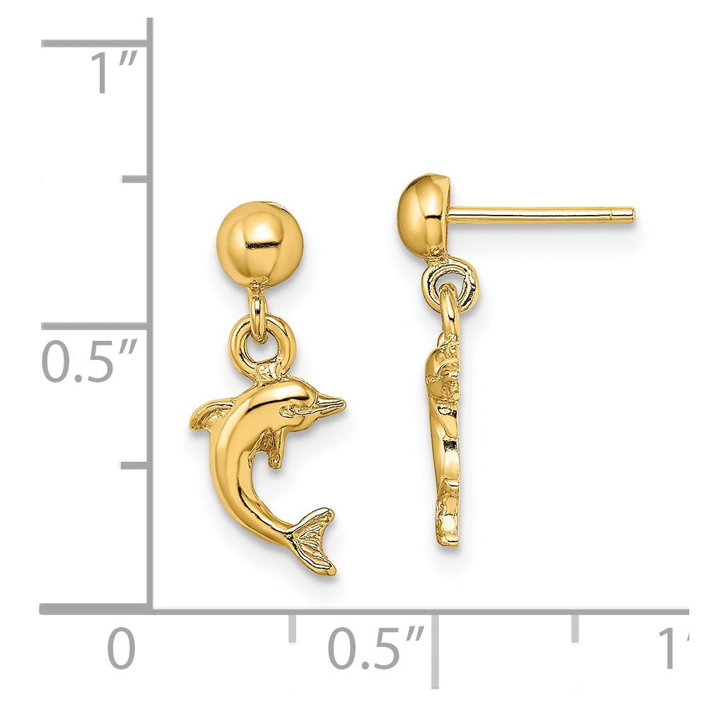 14K Mini Jumping Dolphin Dangle Post Earrings
