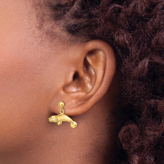 14K 3-D Polished Manatee Dangle Post Earrings