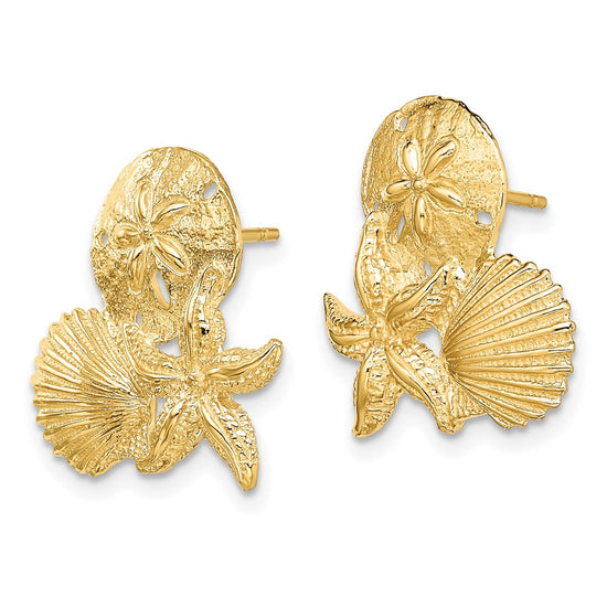 14K Sand Dollar, Starfish, ,Scallop Cluster Post Earrings