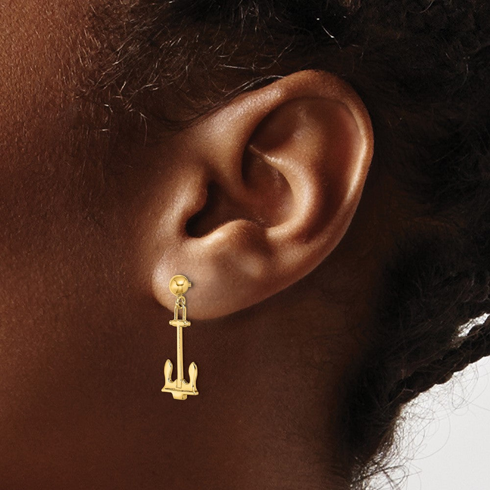 14K Polished Navy T-bar Anchor Dangle Post Earrings