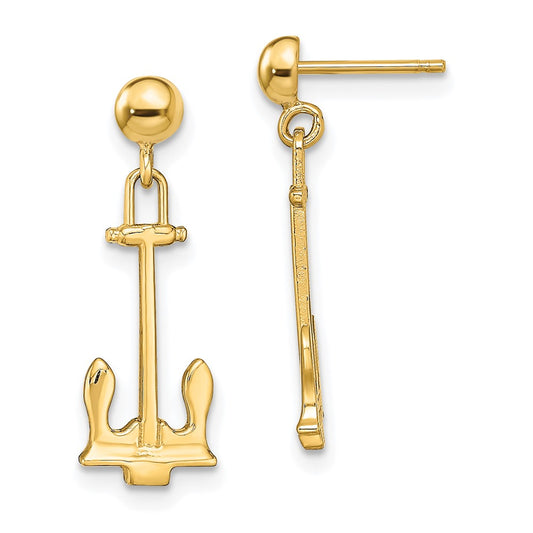 14K Polished Navy T-bar Anchor Dangle Post Earrings