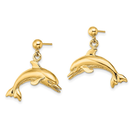 14K Jumping Dolphin Dangle Post Earrings