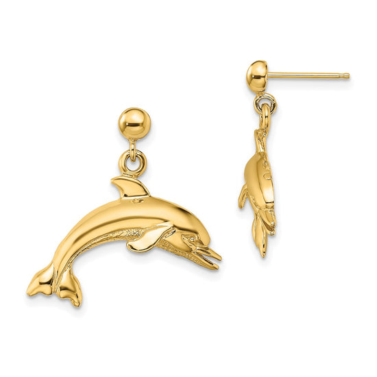 14K Jumping Dolphin Dangle Post Earrings