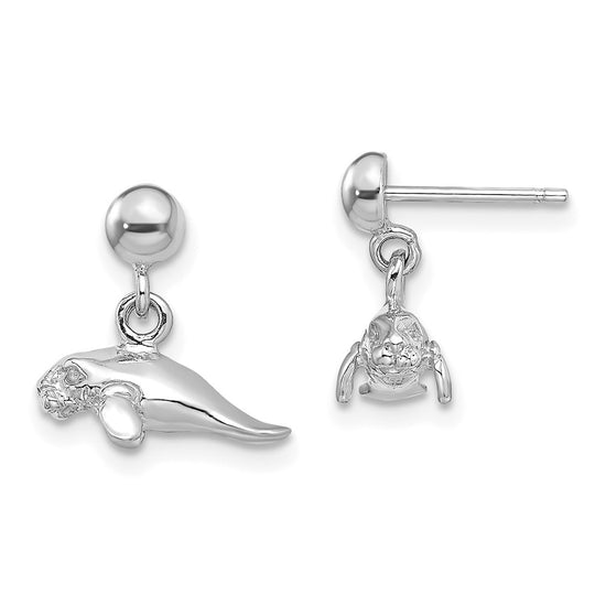 14K White Gold 3-D Polished Mini Manatee Dangle Post Earrings