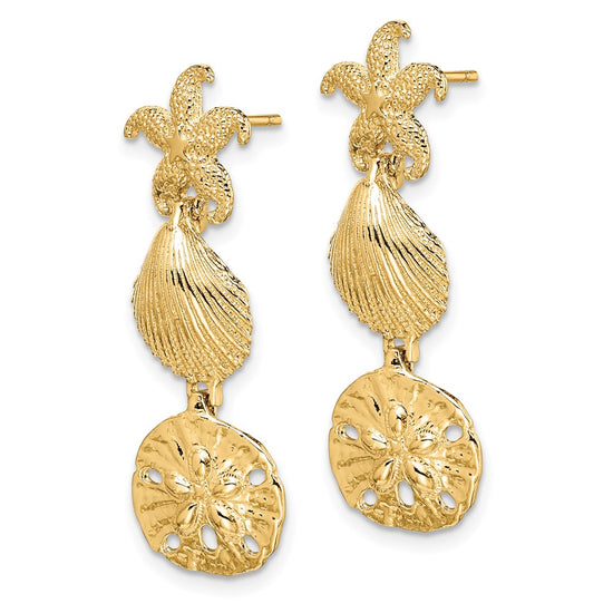 14K Starfish, Shell ,Sand Dollar Dangle Earrings