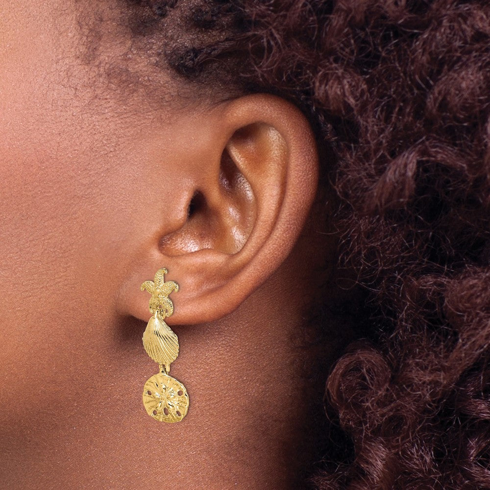 14K Starfish, Shell ,Sand Dollar Dangle Earrings