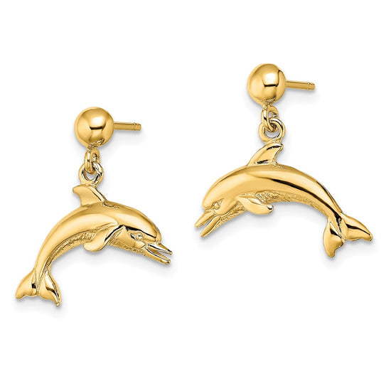 14K Jumping Dolphin Dangle Post Earrings