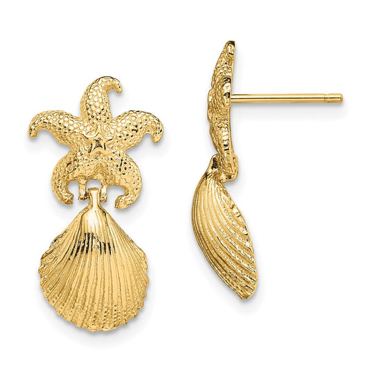 14K Starfish /Scallop Shell Dangle Earrings