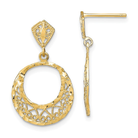 14K Diamond-cut Filigree Circle Dangle Post Earrings