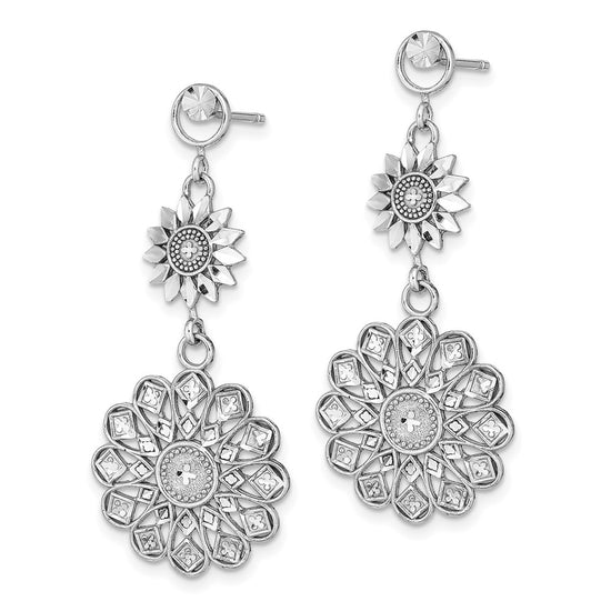 14K White Gold Diamond-cut Sunflower-Style Double Drop Post Earrings