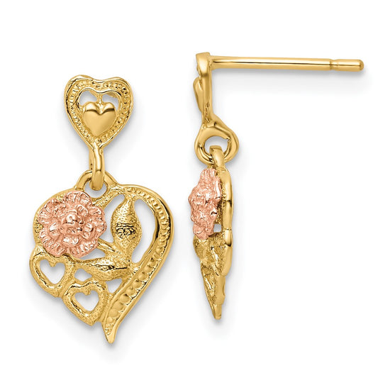 14k Two-tone Heart and Flower Dangle Post Earrings