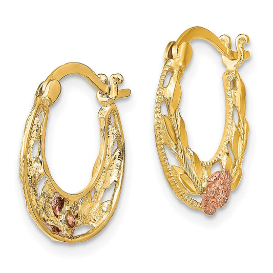 14K Two-Tone D/C Flowers Hoop Earrings