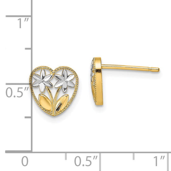 14k and White Rhodium Diamond-cut Flowers in Heart Post Earrings